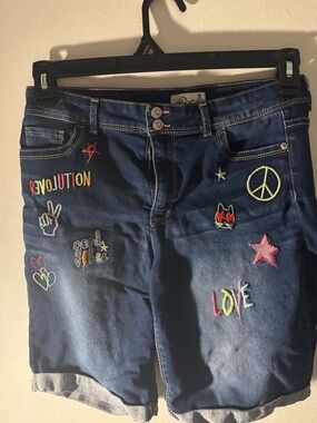 Jordache Dark Blue Denim Boyfriend Shorts with Colorful Embroidery
